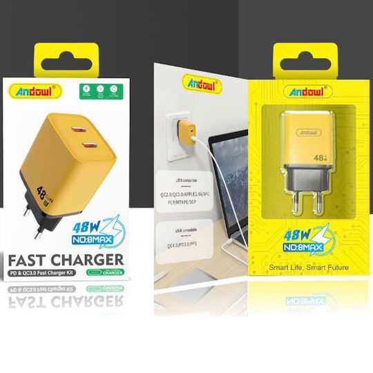 Andowl Φορτιστής Χωρίς Καλώδιο με 2 Θύρες USB-C 48W Κίτρινος (FDMAX8)