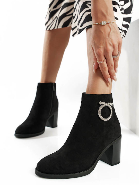 Black Suede Ankle Boots with Decorative Ring Heel