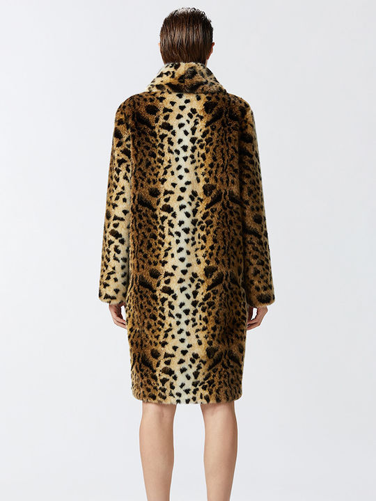 Pinko Women's Leopard Midi Coat with Fur Animal Print