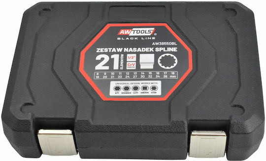 Awtools Spline Socket Set 21 Pcs 12-point Black Line