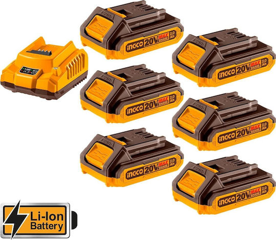 Ingco Set 6 Werkzeugbatterien Lithium 20V Kapazität 2Ah mit Ladegerät