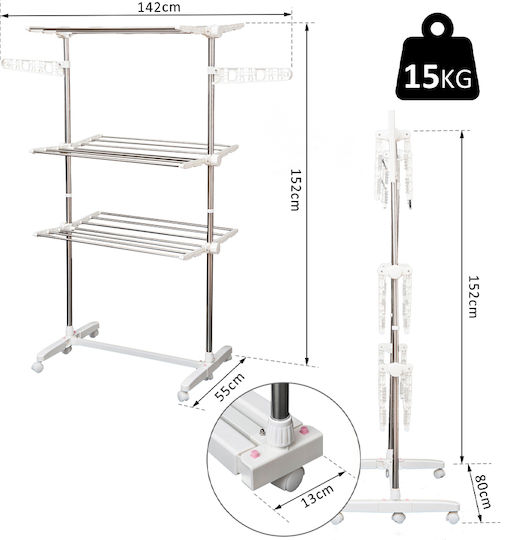 HomCom Folding Floor Clothes Drying Rack Metallic with Wheels 80x55cm