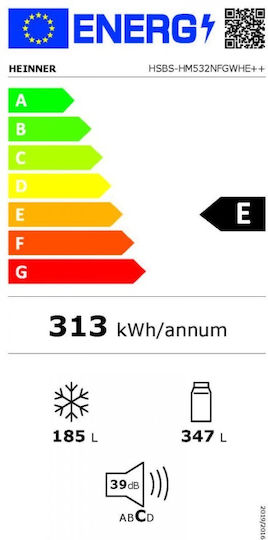 Heinner Ψυγείο Ντουλάπα 532lt Total NoFrost Υ177xΠ90xΒ66εκ. Λευκό HSBS-HM532NFGWHE++