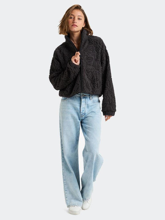 Blurry Cloud Short Women's Cardigan with Zipper Black