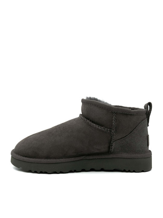 Classic Ultra Mini Leather Women's Ankle Boots with Fur Gray