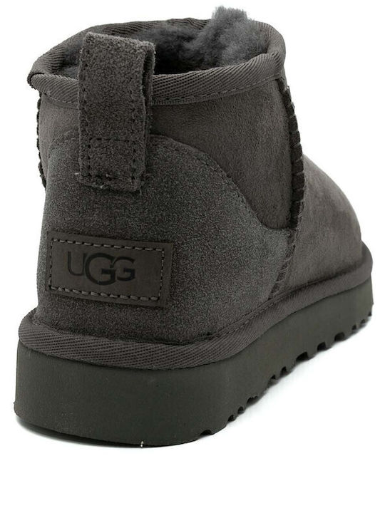 Classic Ultra Mini Leather Women's Ankle Boots with Fur Gray