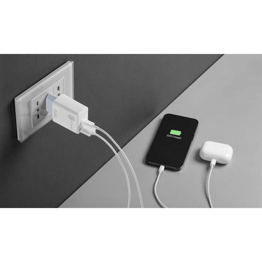 Cellular Line Зарядно без кабел с USB-A порт и USB-C порт 15W Power Delivery Бял (ACHIPHUSB2PD20WW)