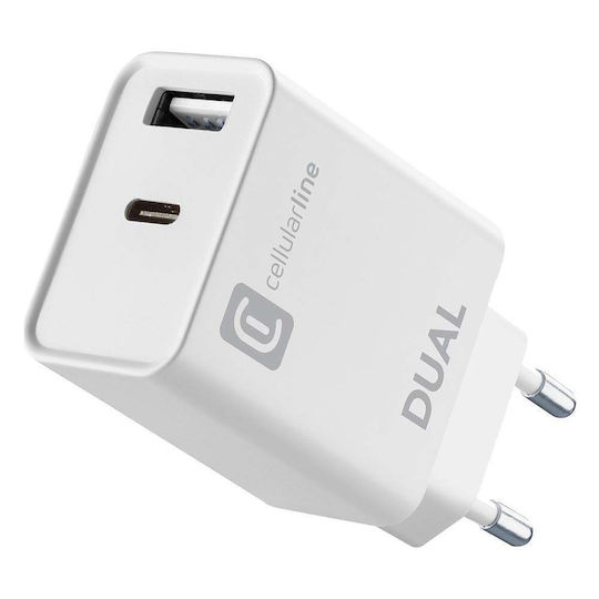 Cellular Line Зарядно без кабел с USB-A порт и USB-C порт 15W Power Delivery Бял (ACHIPHUSB2PD20WW)