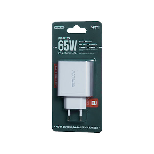 Remax Φορτιστής Χωρίς Καλώδιο με Θύρα USB-A και Θύρα USB-C 65W Power Delivery Λευκός (RP-U125)