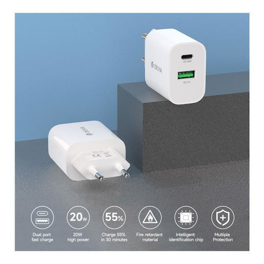 Devia Devia Wireless Charger with USB-A and USB-C Output Ports 20W Power Delivery / Quick Charge 3.0 White