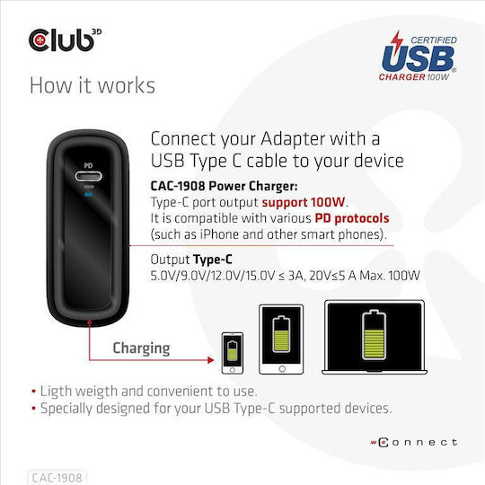 Club3D Φορτιστής Χωρίς Καλώδιο GaN με Θύρα USB-C 100W Power Delivery Μαύρος (CAC-1908)