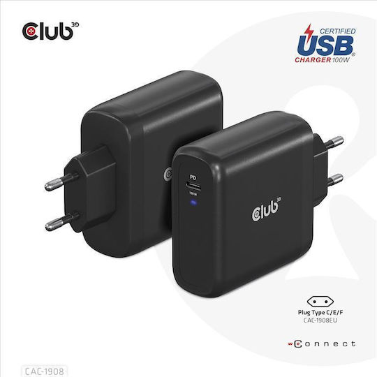 Club3D Φορτιστής Χωρίς Καλώδιο GaN με Θύρα USB-C 100W Power Delivery Μαύρος (CAC-1908)