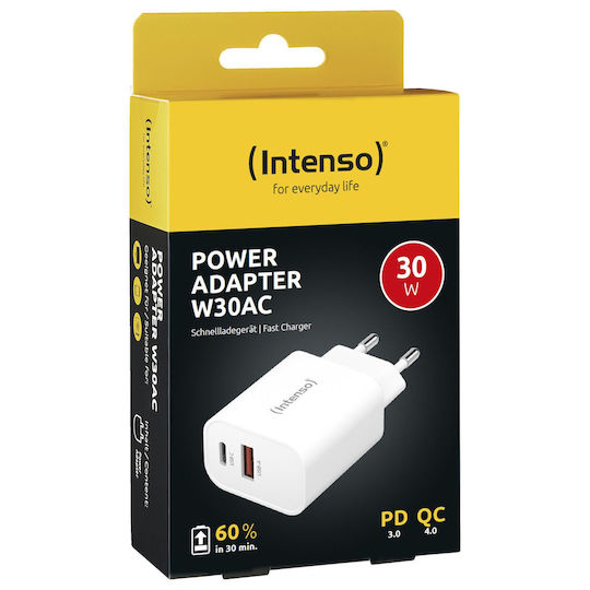 Intenso Charger Without Cable with USB-A Port and USB-C Port 30W Whites (W30AC)