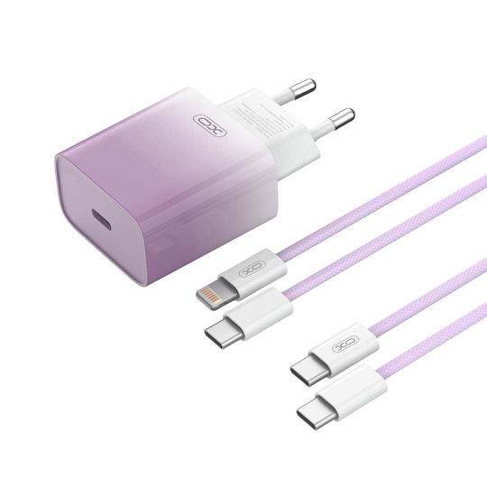 XO с USB-C порт и кабел USB-C - USB-C 30W Power Delivery Purple-White (CE18)