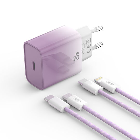 XO с USB-C порт и кабел USB-C - USB-C 30W Power Delivery Purple-White (CE18)