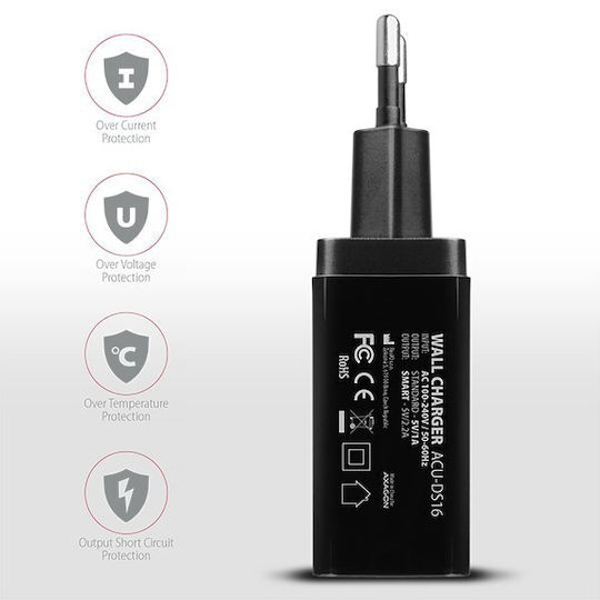 Axagon Ladegerät ohne Kabel mit 2 USB-A Anschlüsse 16W Schwarzs (ACU-DS16)