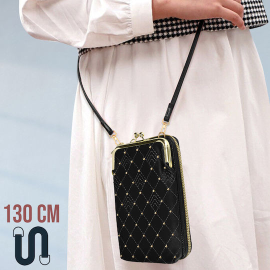 Crossbody-Handytasche Goldnieten Steppung Diamant-Design Schwarz