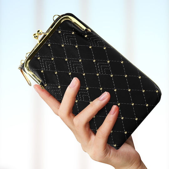 Crossbody-Handytasche Goldnieten Steppung Diamant-Design Schwarz