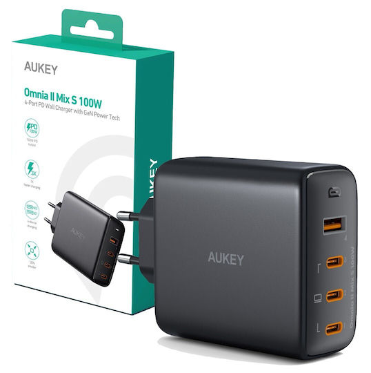 Aukey Ladegerät ohne Kabel GaN mit USB-A Anschluss und 3 USB-C Anschlüsse 100W Stromlieferung Schwarzs (PA-B7S)