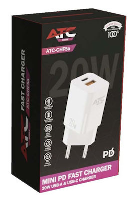 ATC Charger Without Cable with USB-A Port and USB-C Port 20W Power Delivery Whites (ATC-CHF5a)