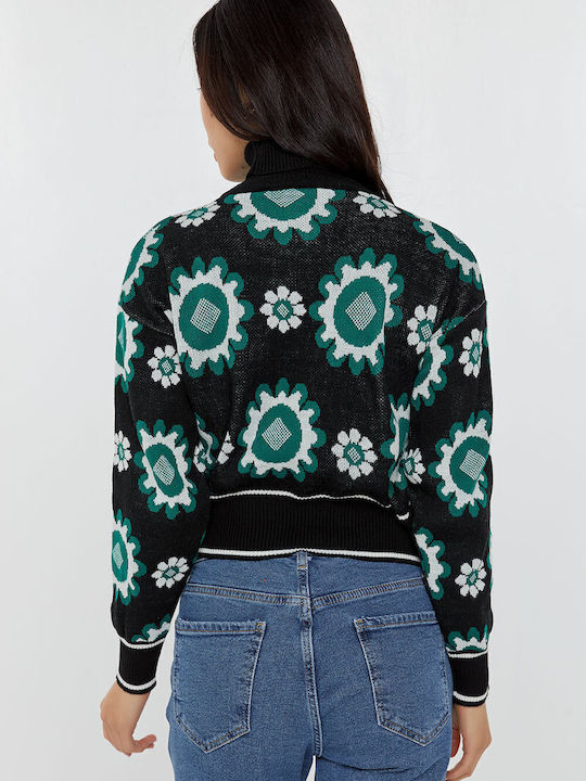 Women's Crop Sweater Turtleneck Floral Fuchsia