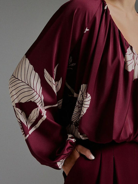 Women's Blouse Satin Long Sleeve with V Neckline Bordeaux