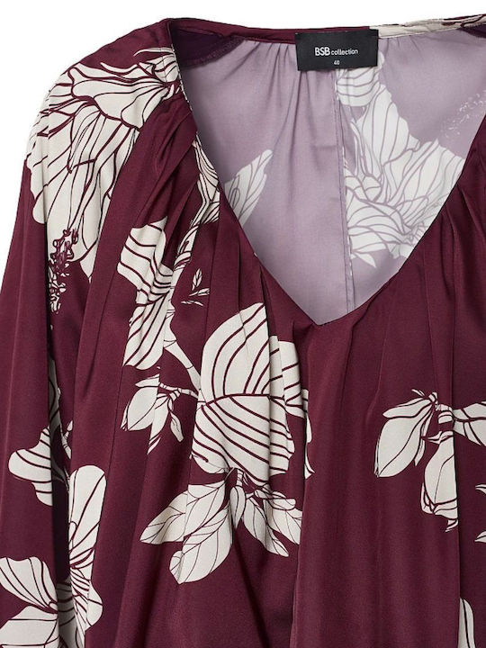Women's Blouse Satin Long Sleeve with V Neckline Bordeaux