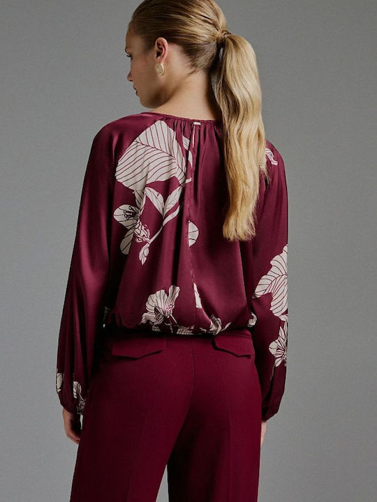 Women's Blouse Satin Long Sleeve with V Neckline Bordeaux