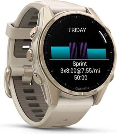 Garmin Fenix 8 Неръждаема стомана 43мм Водоустойчив Смартчасовник с Пулсомер (Sapphire, Soft Gold With Fog Grey/dark Sandstone Silicone Band)