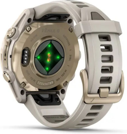 Garmin Fenix 8 Неръждаема стомана 43мм Водоустойчив Смартчасовник с Пулсомер (Sapphire, Soft Gold With Fog Grey/dark Sandstone Silicone Band)