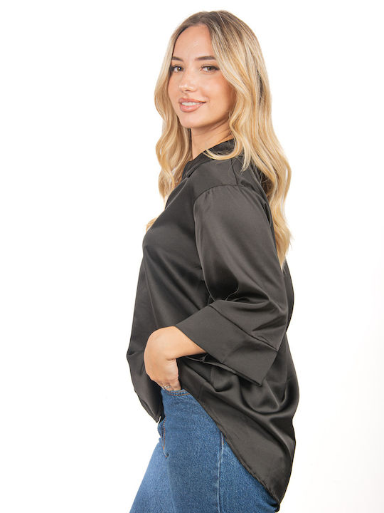 Ellen Langärmelig Damen Satin Hemd Black