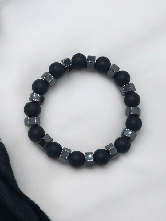 Elastic Bracelet with Black Acrylic Beads and Hematite Alternating