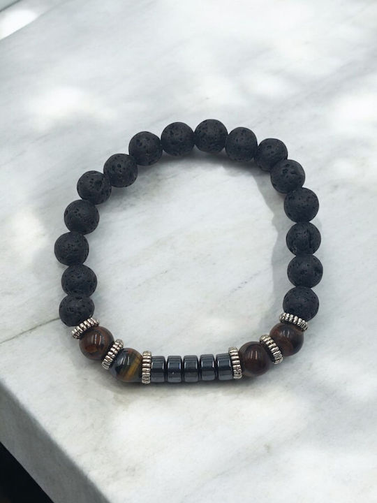 Elastic Bracelet with Brown Lava Stones and Hematite Beads