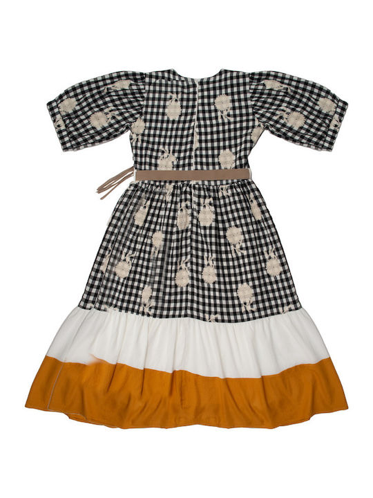 Kid Dress Plaid Print Belt Dark Blue