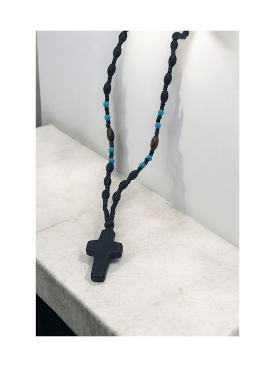 Black Beads Turquoise Embossed Cross at the End