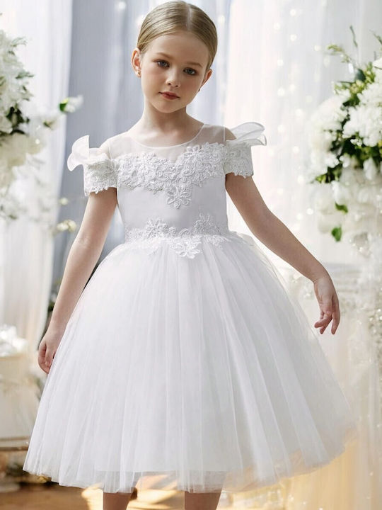 Mädchenkleid Kurzärmelig Tüll Für Blumenmädchen Weiß