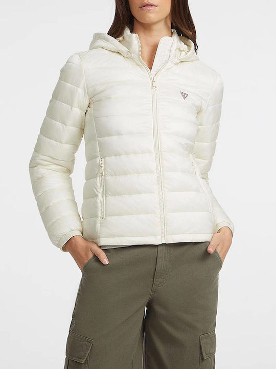 Guess Women's Short Puffer Jacket for Winter with Detachable Hood Offwhite