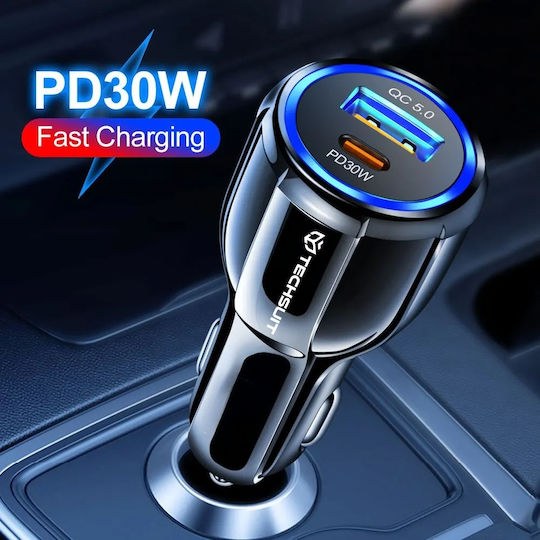Techsuit Premium Auto-Ladegerät 30W mit Anschlüssen: 1xUSB 1xType-C Schwarz Farbe