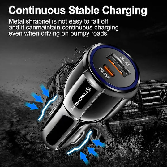 Techsuit Premium Auto-Ladegerät 30W mit Anschlüssen: 1xUSB 1xType-C Schwarz Farbe