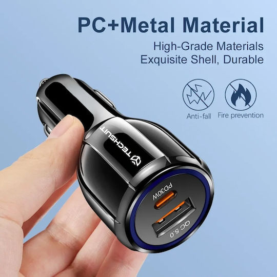 Techsuit Premium Auto-Ladegerät 30W mit Anschlüssen: 1xUSB 1xType-C Schwarz Farbe