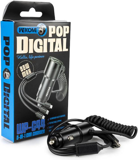 WK WP-C44 Auto-Ladegerät 33W 2A mit Anschlüssen: 2xUSB mit Kabel Blitzschlag / Mikro-USB / Typ-C,TC-TC Schwarz Farbe