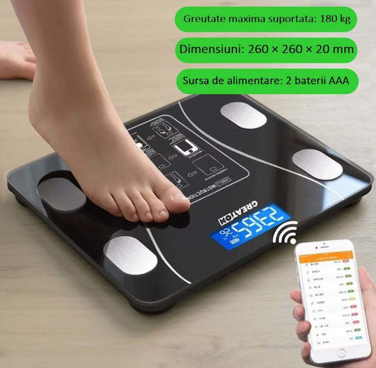 Cântar Inteligent pentru Corp Termometru Diagnostic USB Bluetooth Aplicație Fitness Sticlă Călită LCD Negru