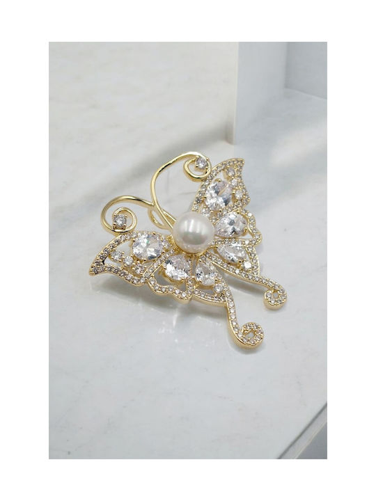 Gold Butterfly Pin with Zircon and Pearl Center