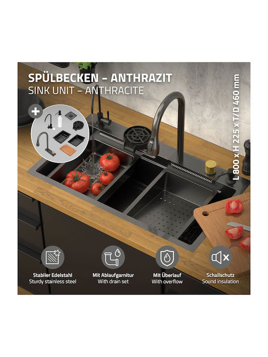 Built-in Sink 80x46 Cm Faucet Complete Set 8 Pieces Stainless Steel Anthracite Ml Design
