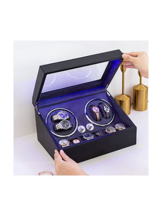 Cutie Întors Ceasuri Iuni Watch Winder 4 + 6 Spații de Depozitare Piele Ecologică Neagră