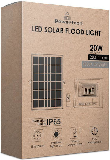 Powertech Στεγανός Ηλιακός Προβολέας LED 20W Φυσικό Λευκό 4000K με Φωτοκύτταρο και Τηλεχειριστήριο IP65