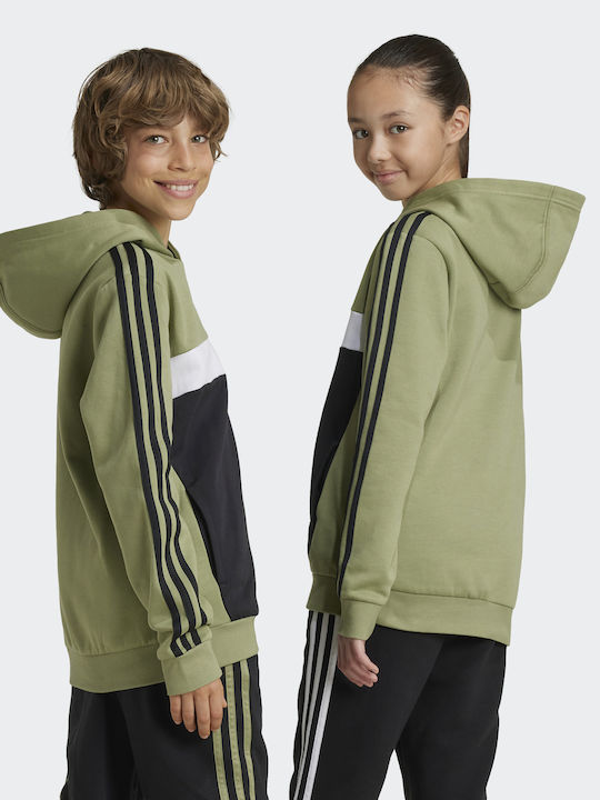 Fleece Παιδικό Φούτερ με Κουκούλα και Τσέπες Πράσινο 3-Stripes Colorblock