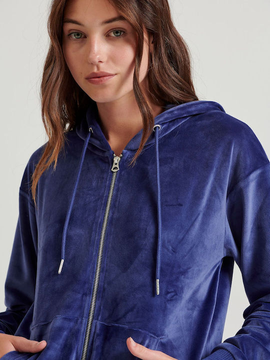 Long Women's Sweatshirt Jacket Velvet Hooded Imperial Purple