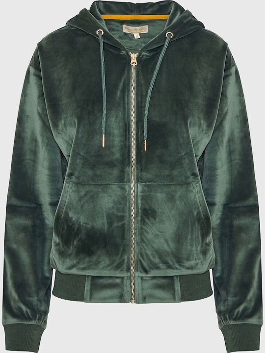 Lang Damen Sweatshirtjacke Samt Kapuzen Khaki