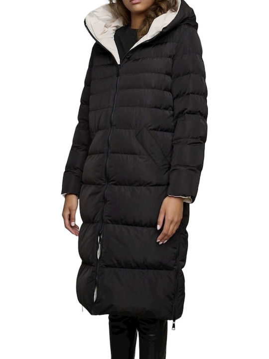 Women's Long Puffer Jacket Double Sided for Winter with Hood Graphite